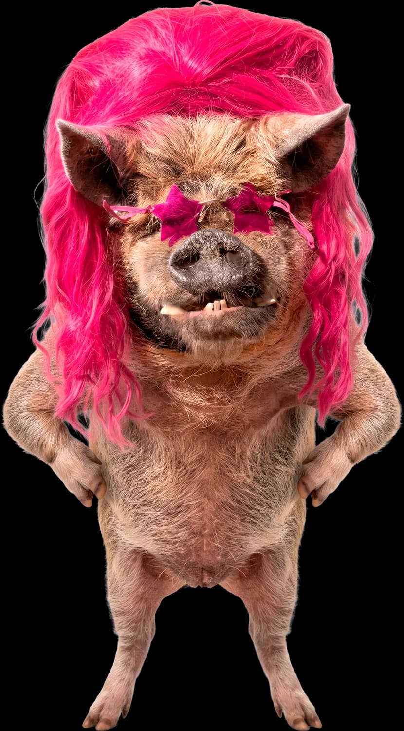 Winston the pig standing on his hind legs in a hot pink wig and star glasses